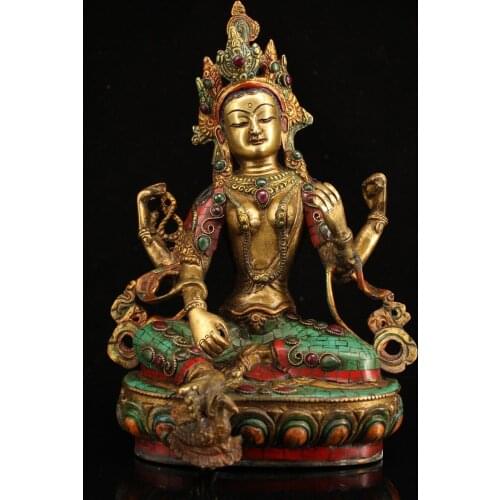 12"Chinese temple collection Old Bronze Painted mosaic Gem outline in gold Four-armed Guanyin Bodhisattva Buddha Sitting Buddha