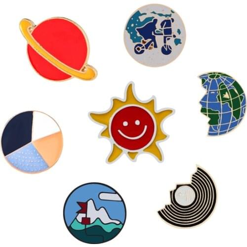 Round Anime Brooches Icon Earth Planet Sun Enamel Pins Boy Backpack Hat Lapel Pin Clothing Brooch Badge Accessories Jewelry Gift