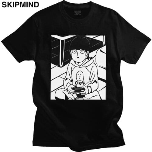 Mob Psycho 100 T-Shirt for Men Cotton Manga Tshirt Short Sleeved Shigeo Kageyama Playing a Game Anime Tee Shirt Clothing Gift