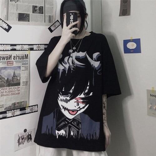 2021 Summer New Cartoon Print Korean Reflective Hip Hop Graffiti Loose Trend All-match Mid-length Short Sleeve Top