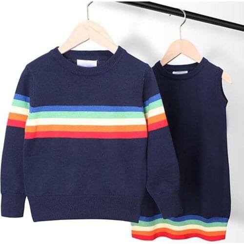 Autumn Kids Sweater Childrens Clothing Baby Boys Sweater Baby Girls Knitted Dress Siblings Outfit Rainbow Stripe Warm Sweater