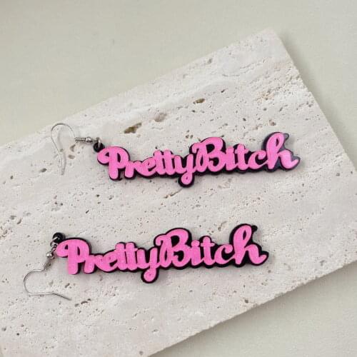Pink Y2k Statement Earrings for Women Vintage Hyperbole Long Shiny Pretty Bitch Acrylic Letter Earrings Fashion Jewelry Hip Hop