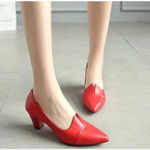 Hot Women Black Pu Leather Slip on Pointed Toe High Heel Shoes Lady Square Heel Comfort Summer Office Mid Heels Pumps