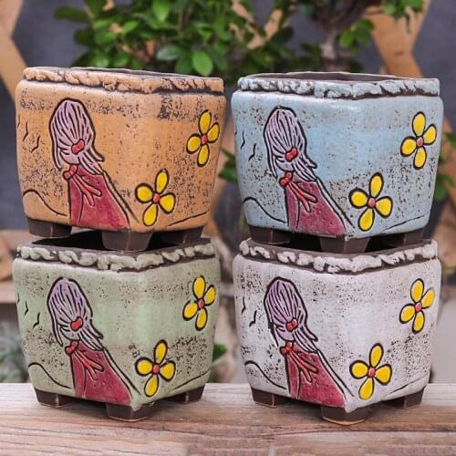 Korean Ins Cartoon Carving Little Girl Succulent Flower Pot Hand Painted Ceramic Plant Creative Stoneware Pot Home Garden
