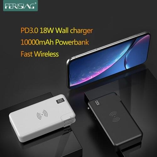FERISING Wireless Charger Power Bank For Xiaomi Huawei iPhone Samsung Portable LED PD QC 3.0 USB Fast External Battery 10000mAh
