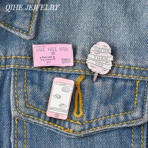 QIHE JEWELRY Pins and Brooches Kiss Ticket Candy Phone Enamel Pins Pizza Lover Brooch Pins up Backpack Accessories