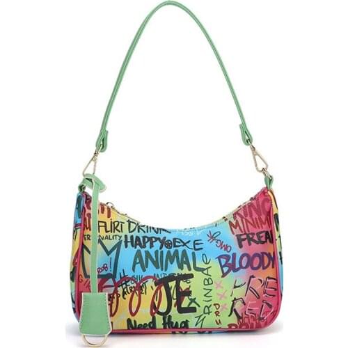 PU Leather Women Luxury Designer Handbag 2021 Shopper Wallet Fashion Casual Color Contrast Graffiti Chain Baguette Shoulder Bag