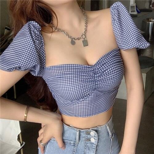 Wenfly Women Plaid Tops Summer New French Square Collar Ruched French Puff Short Sleeve Skinny T-shirt Vintage Sweet