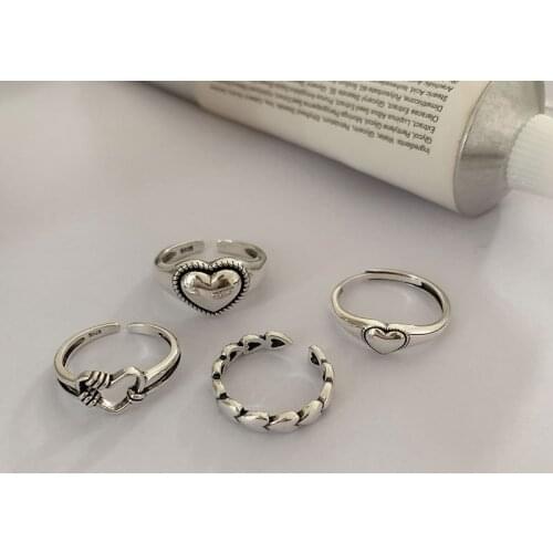Hip-Hop Tide Cool Silver Color Heart Shape Retro Ring Fashion Hollow Open Adjustable Index Finger Ring Women Jewelry