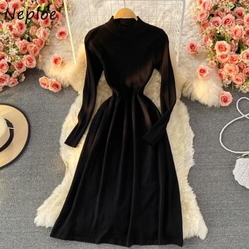 Neploe Sutumn Winter New 2021 Knitted Dress Women Stand Collar Long Sleeve Solid Sweater Robe Female Bottoming Knitting Vestidos