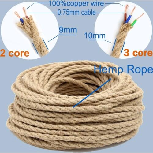 2 Core 3 Core Twisted Cable Hemp Rope Electrical Wire Retro Style Copper Vintage Lamp Cord Woven Textile Wire Pendant Light Cord