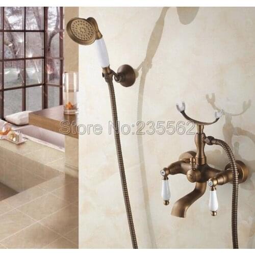Antique Brass Wall Mounted Dual Handle Bathroom Faucet with Handheld Shower Clawfoot Tub Mixer Tap ltf156
