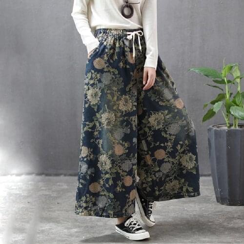 Womans Plus Size Loose Cotton Vintage Wide Leg Denim Pants Floral Print Casual Oversize High Waist Art Distressed Cropped Jean