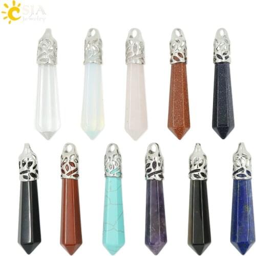 CSJA Reiki Natural Gem Stone Beads Blue Sand Long Hexagonal Prism Healing Point Opal Necklace Pendants Men Women Jewelry E004