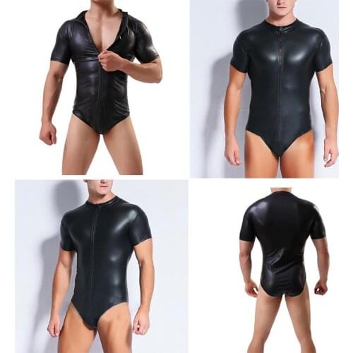 Mens sexy patent leather tight-fitting one-piece underwear zipper faux leather PU bar nightclub stage DS performance suit S-3XL