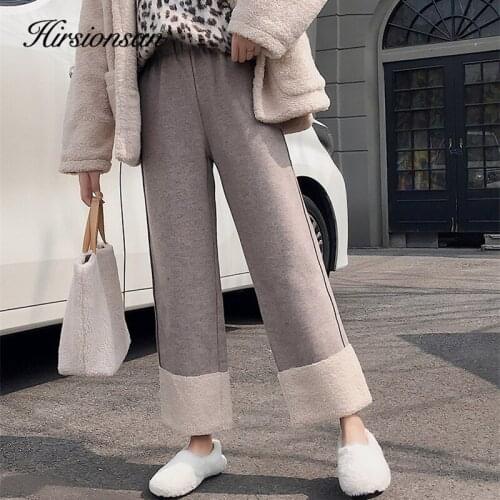 Hirsionsan Woolen Wide Leg Pants Women Straight Loose Thicken Oversized Pant Solid Color Lambswool Splice Long Female Trousers