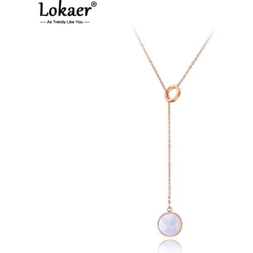 Lokaer Trendy White/Black Shell Round Pendant Necklaces For Women Titanium Stainless Steel Charm Choker Necklace Jewelry N20220