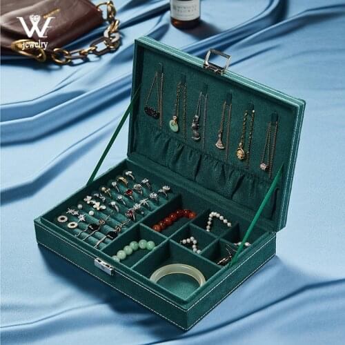 WE Double-layers Portable Multi-functional Necklace Ring Bracelet Jewelry Boxes for Women Fashion Green Velvet Jewelry Organizer