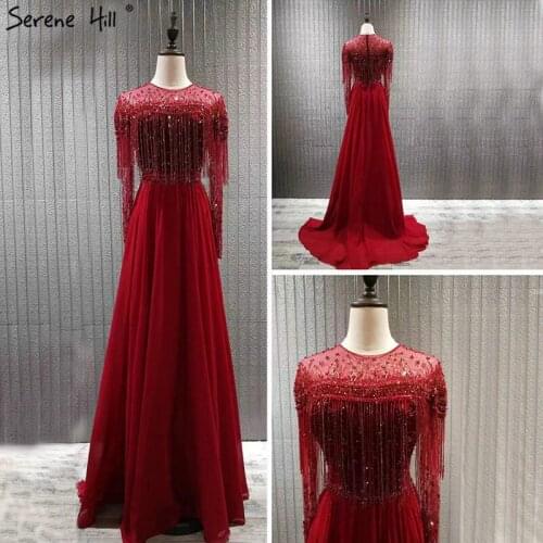 Red Long Sleeve Dubai Design Prom Dresses O-Neck Beading Tassel Luxury Prom Gowns 2020 Serene Hill BLA60849
