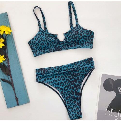 Sexy High Waist Swimwear Women Leopard Print Hollow Ring Buckle Patchwork Bikini Set Push-Up Padded Blue,Black Swimsuit 2021 New