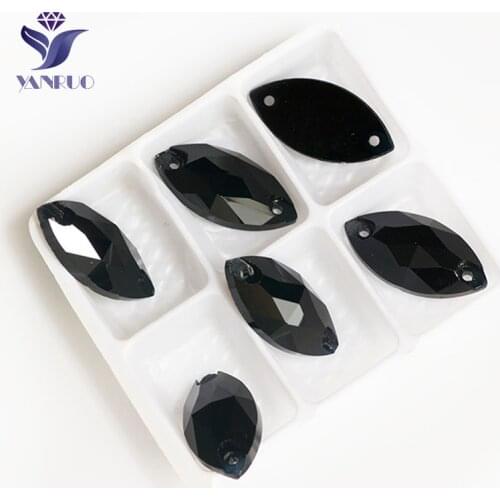YANRUO 3223 All Sizes Jet Navette Sew On Rhinestone Crystal Flatback Strass Stones Black Base For Jewelry