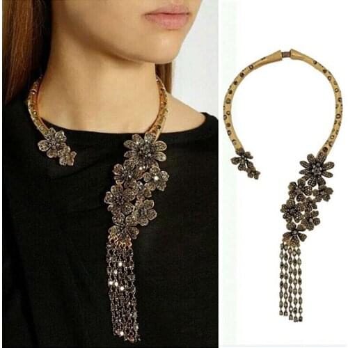 Vintage Ethnic Necklace Women Gold Opening Choker Necklace Tribal Female CZ Rhinestone Flower Long Tassel Big Statement Necklace