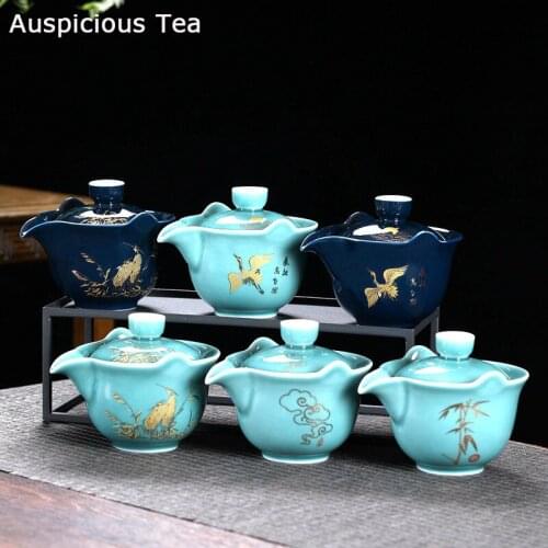 200ml Kung Fu Tea Set Chinese Jilan Glaze Gold Printed Ceramic Gaiwan Home Green Red Pu'er Tea Infuser Cup With Steel Strainers