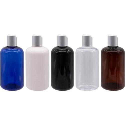 Empty Transparent White Blue Black Brown Plastic Container Silver Disc Top Cap Cosmetics Liquid Soap Bottles Shampoo Lotion