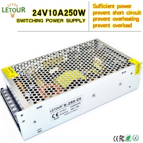 24V 10A Power Supply Adapter AC 96V-240V Transformer DC 24V 250W LED Driver AC-DC Switching Power Supply for LED Strip Motor