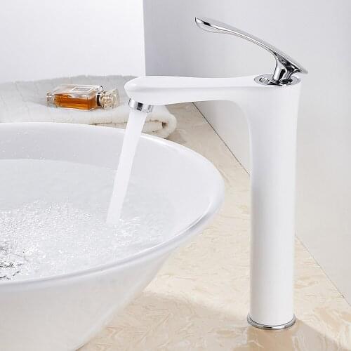 White Basin Faucets Copper Body Zinc Alloy Handle Mixer Taps Hot Cold Water Single Lever Bathroom Vessel Single Hole Tap