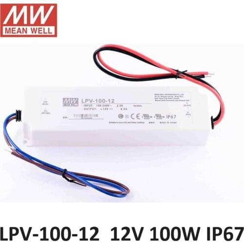 MEANWELL LPV-100-12 AC DC 100W 8.5A 12V LED Power Supply waterproof isolated plastic IP67 90~264VAC input led driver 12V UL CE