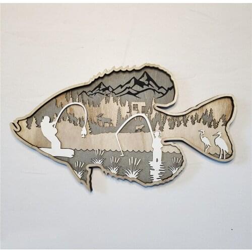 Wooden Hanging Ornament Father and Son Fishing Silhouette Art Bass Salmon Shape Wall Decor for Home Bar Restaurant Household