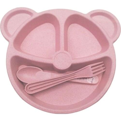 Baby Wheat Straw bowl+spoon+fork Feeding Food Tableware Cartoon Bear Kids Dishes Eating Dinnerware Set Anti-hot Training Plate