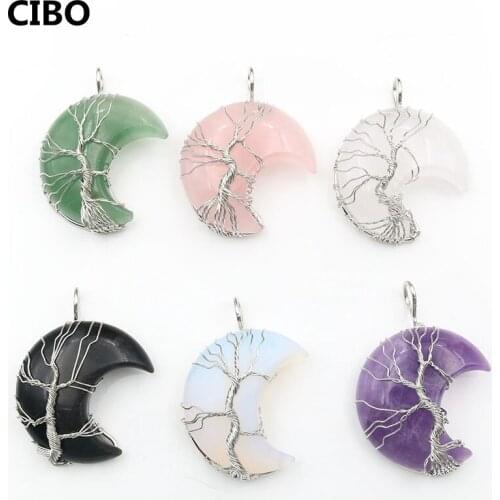 Natural Crystal Pendant Handmade Necklace Jewelry Moon Natural Tree of Life Jewelry Pendant Necklace Ornament