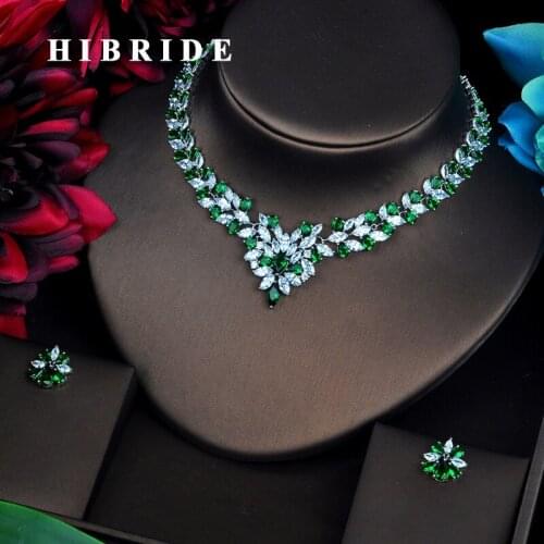 HIBRIDE Hot Elegent Parure Bijoux Femme Shiny Green Cubic Jewellery Sets Necklace& Earrings Set Stage Party Pagement Gifts N-477