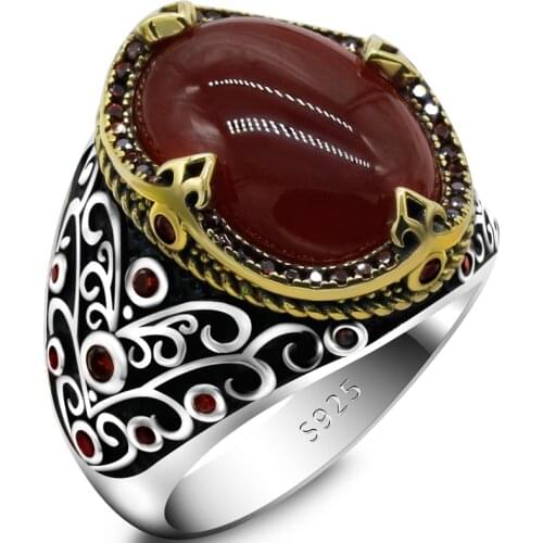 Mens Grapevine Ring 925 Sterling Silver Natural Red Agate Punk Anchor Ring Retro Antique Turkish Handmade Jewelry Husband Gift