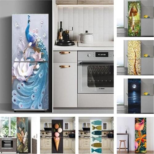 Blue Peacock Wallpaper Fridge Sticker Waterproof Self-adhesive Fruit Food Kitchen Decor Poster Removable Door Mural Wall Sticker