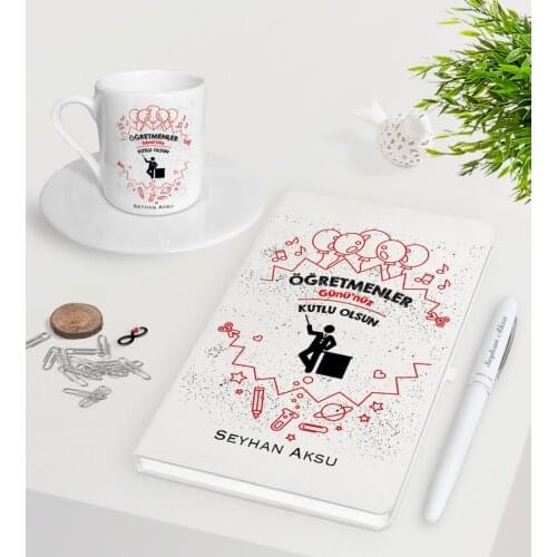Personalized Teachers Present-Day Happy White Notebook Pen Turkish coffee Cup Seti-5