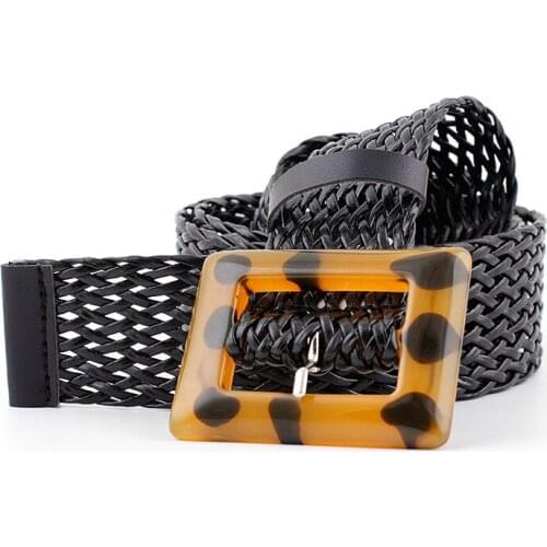 Casual Lady Bohemian Wide Women Belt Square Buckle Leopard Female Braided Belt Dress Strap Decoration Belt Accessories