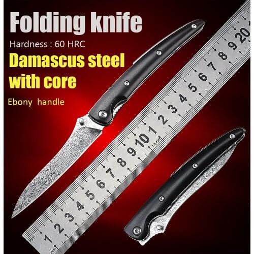 High Hardness Damascus Steel Ebony Wood Handle Utility Camping Tactical Survival Self Defense Small Folding Blade Pocket Knife