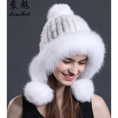 2019 Female Real Mink Fur Hat Winter ladies Knitted Fur Cap Pom Pom Ear Protector Fur Bomber Fur Hat Real Mink Cap Women Beanies