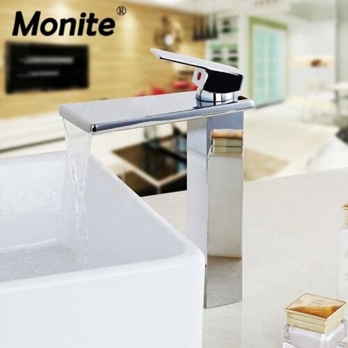 Solid Brass Countertop Tap Waterfall Chrome Finish Bathroom Basin Mixer Taps Sink Faucet Hot & Cold Water Mixer Tap