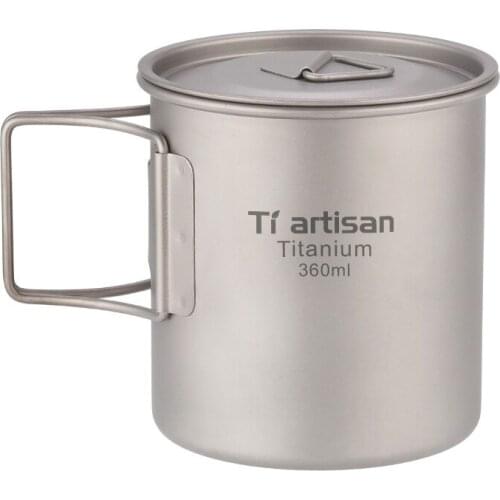 Tiartisan 360ml Newest Titanium Cup Camping Mug Foldable Handle Titanium Pot with Lid Titanium drinkware for home or outdoor