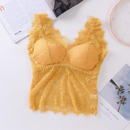 Women Soft Removable Padded V-Neck Tops solid Corset Lace Camis Tops Fashion Hollow Lace Mesh Summer Camisoles