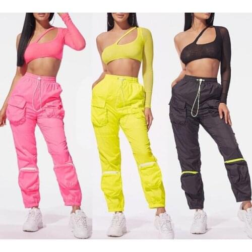 AliExpress Hot Sale European and American Personality Womens Mesh Tops + Organ Bag Splicing Woven Fabric Trousers