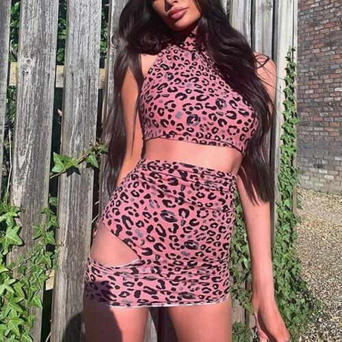 OMSJ 2020 New Leopard Print Skirt Set For Women Sleeveless Crop Top+Hole Mini Skirts Two Piece Outfits Summer Skinny Tracksuit