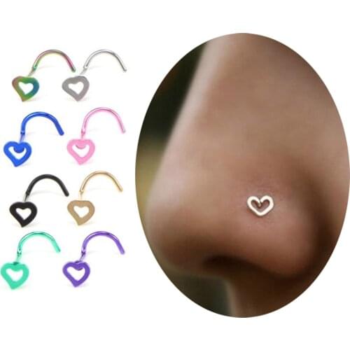 1 Piece Stainless Steel Hollow Heart Shape Nose Studs Hooks Bar Pin Nose Ring Body Piercing Jewelry For Women