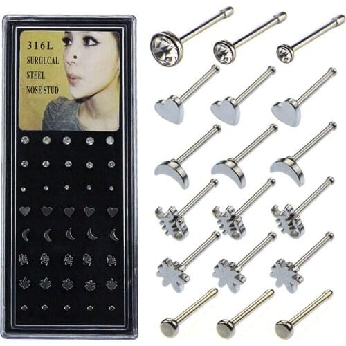 40pcs/box 1.5-2.5mm Colorful Stainless Steel Nose Hoop Nose Ring Stud Body Piercing Labret Jewelry Punk Style