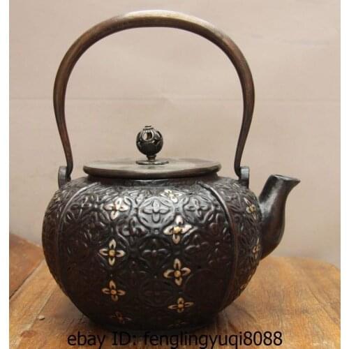 9 Archaic Japanese Iron Silver Gilt Portable Flower Flagon Kettle Wine Tea Pot