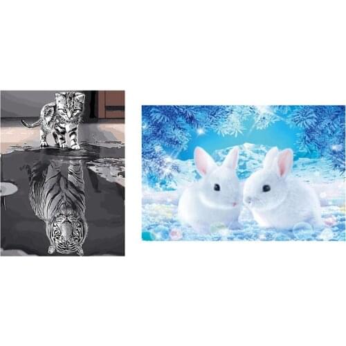 5D Diamond Painting Cat Tiger Full Round Diamond Embroidered & Full Round Drill 5D DIY Diamond Painting "Snow Rabbit"